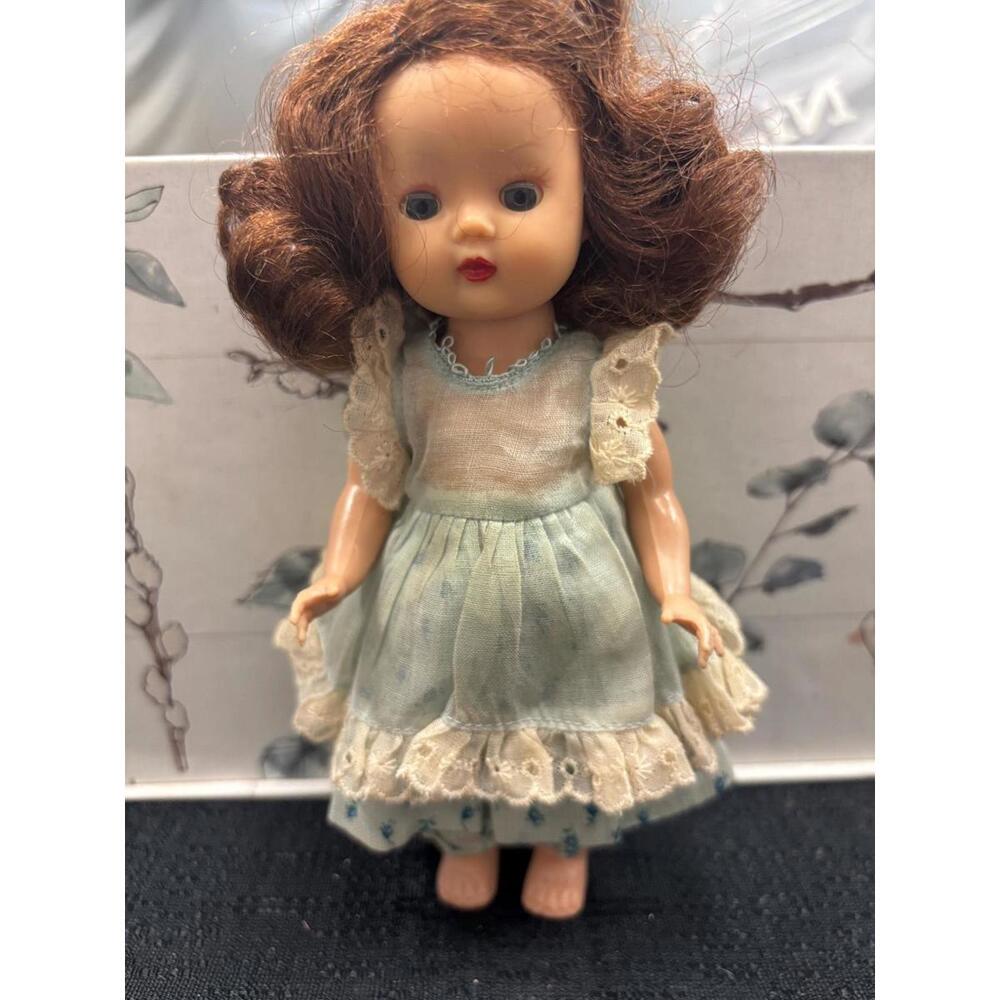 Nancy Ann 1950s  Doll Auburn Hair Floral Dress w Pants and Undergarment 7” GUC